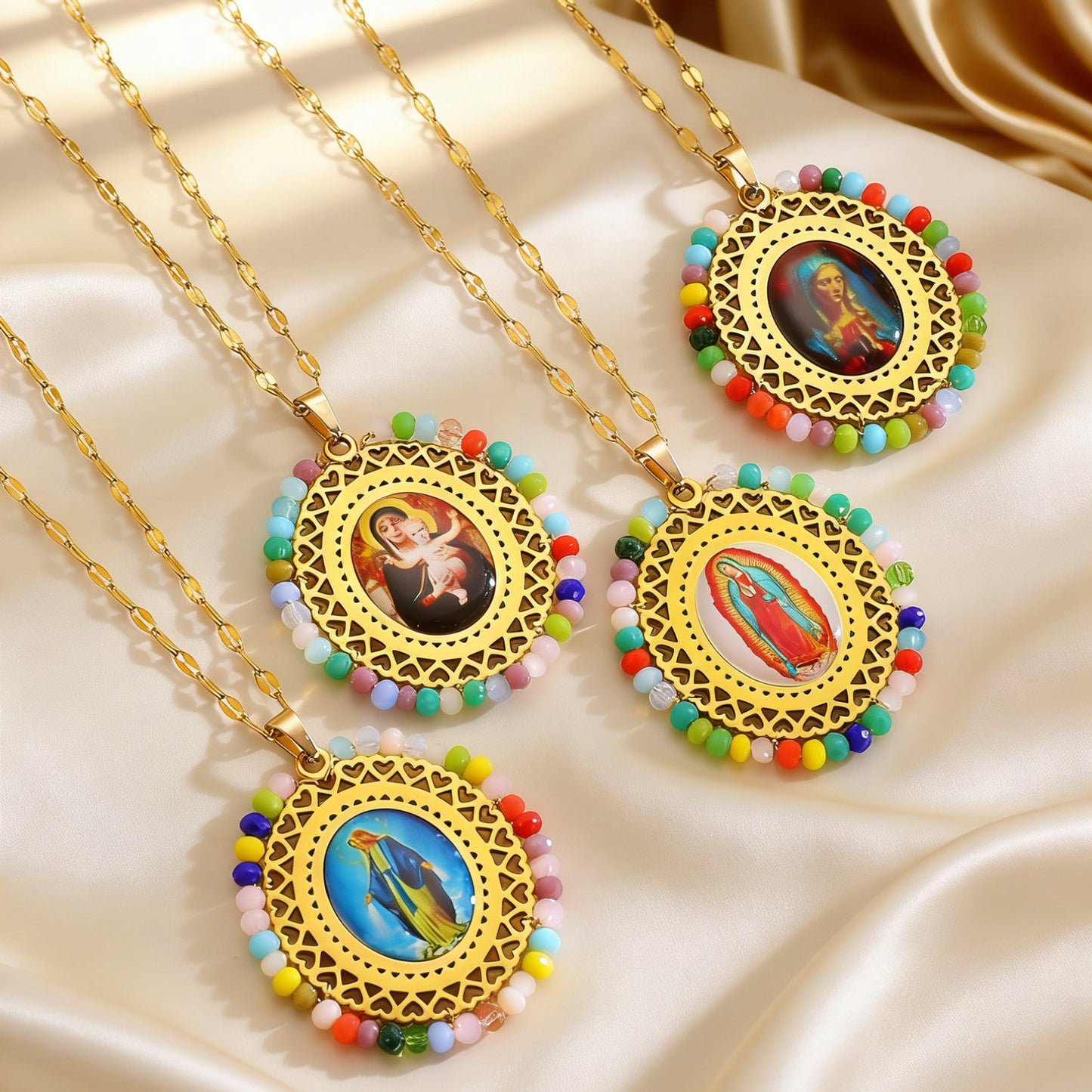 Stainless Steel Color Crystal Virgin Portrait Hollow Oval Necklaces