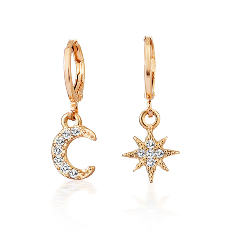 Women's Diamond Star Moon Asymmetric Ear Cold Earrings