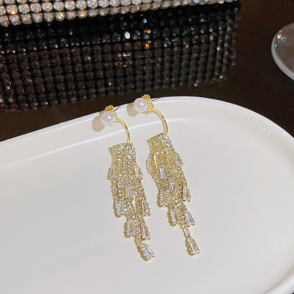 Style Long Fringed Pearl Sier Needle Earrings