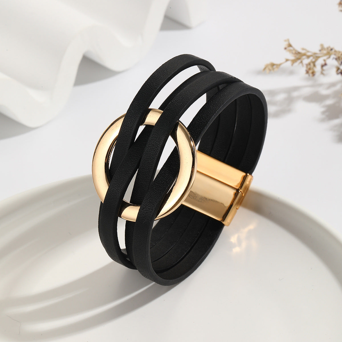 Women's Cross Leather Metal Big Cuff Bangle Rings