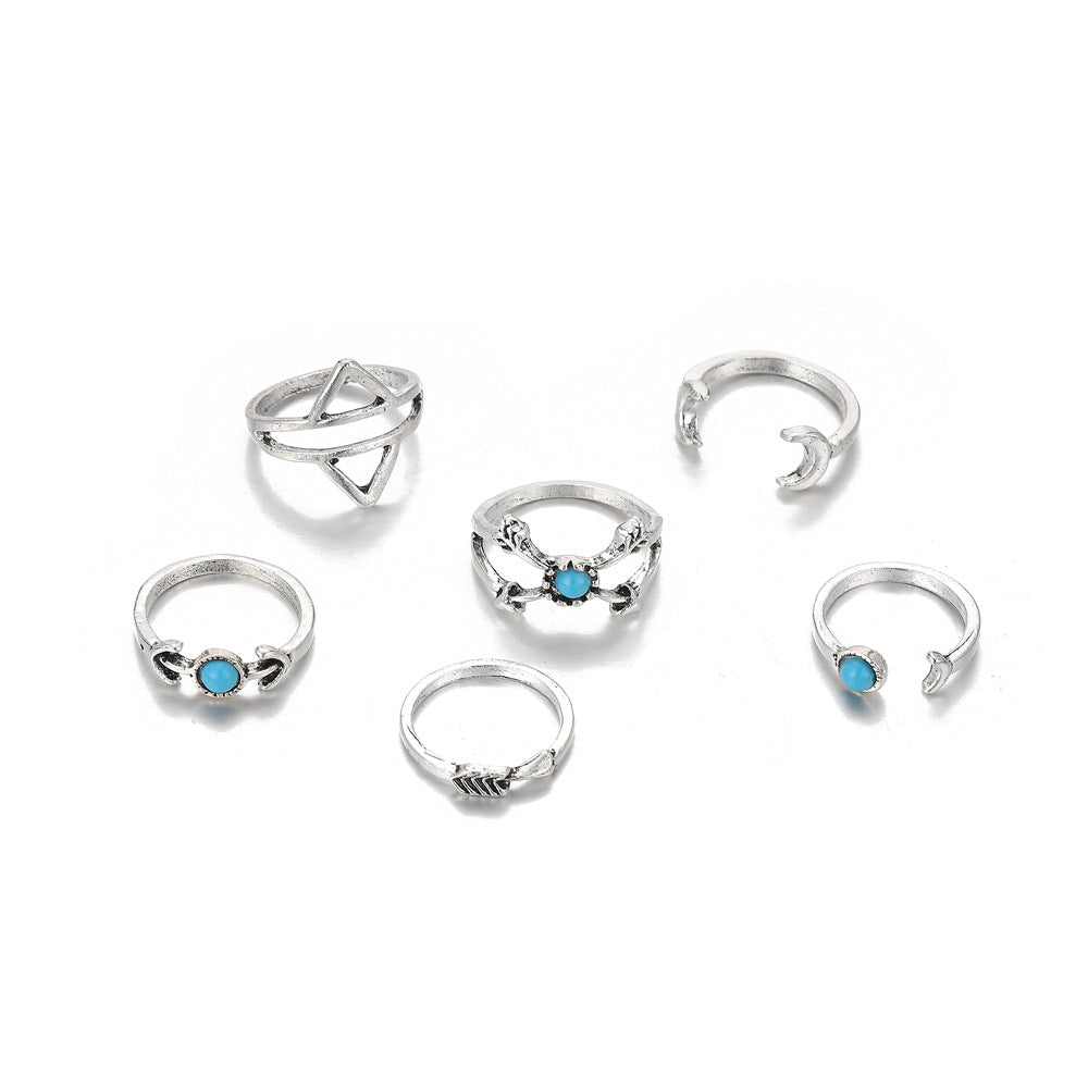 Retro Turquoise Moon Arrow Triangle Hollow Open-end Rings