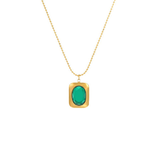 French Retro Emerald Stainless Steel Popular Geometric Fritillary Inlaid Necklaces