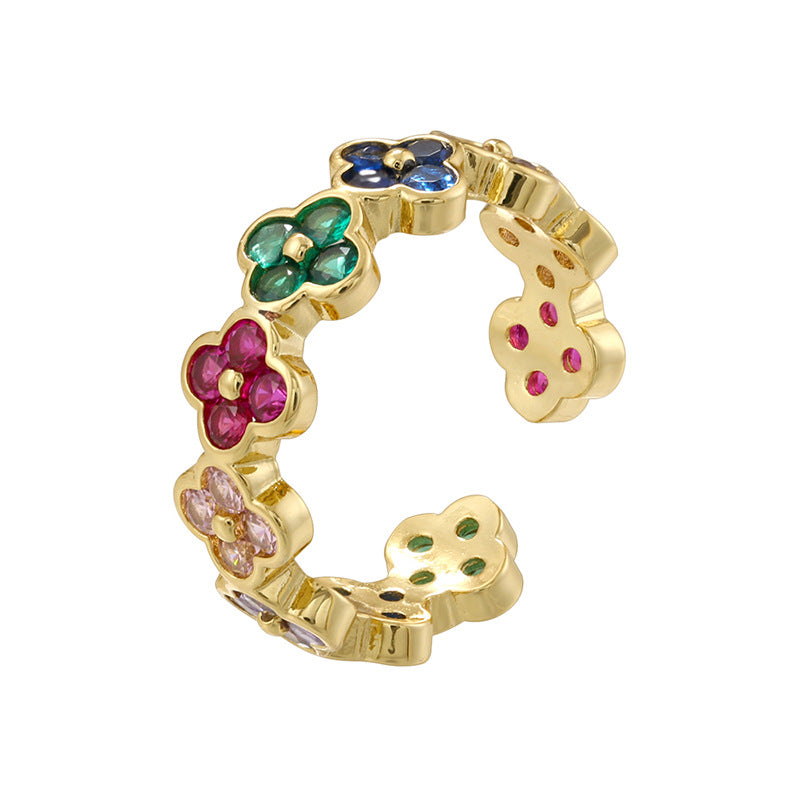 Temperament Entry Lux Gold Inlaid Color Diamond Four-leaf Clover Rings