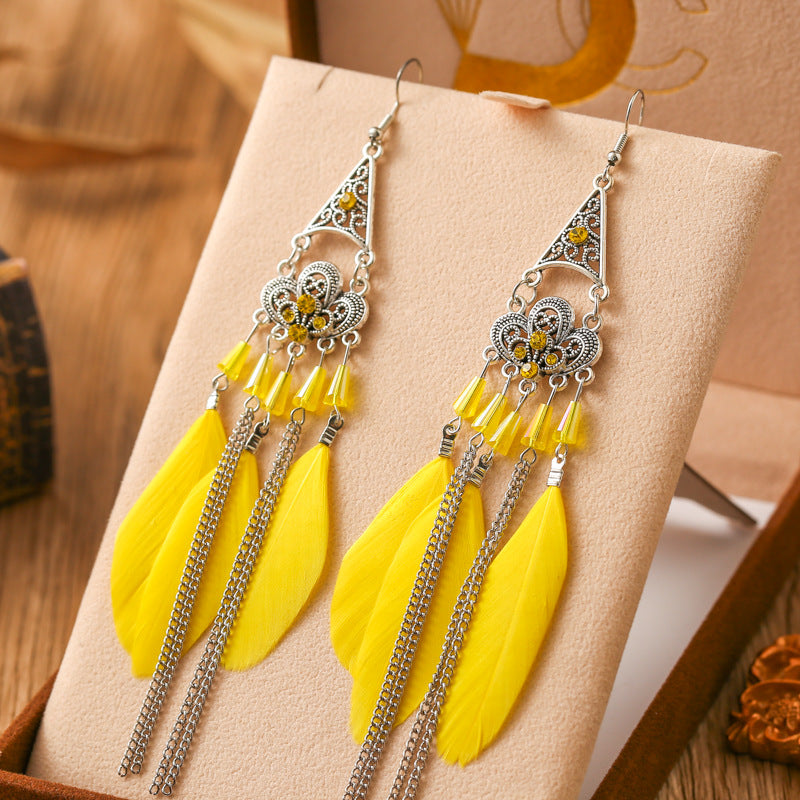 Mid-length Pagoda Crystal Feather Retro Long Upper Lower Stitching Earrings