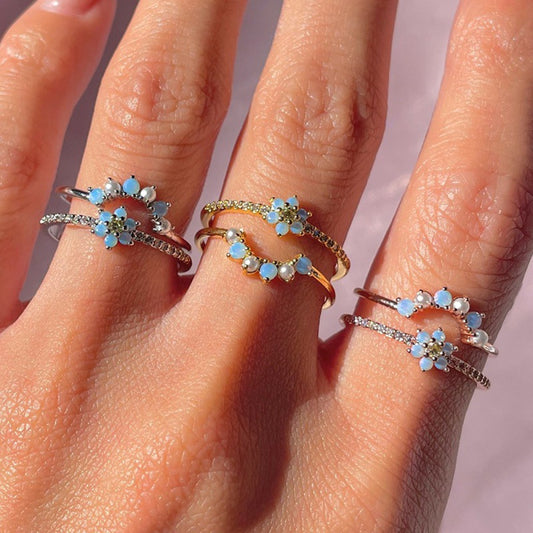 Women's Blue Mori Style Flower Fashion Temperament Combination Rings