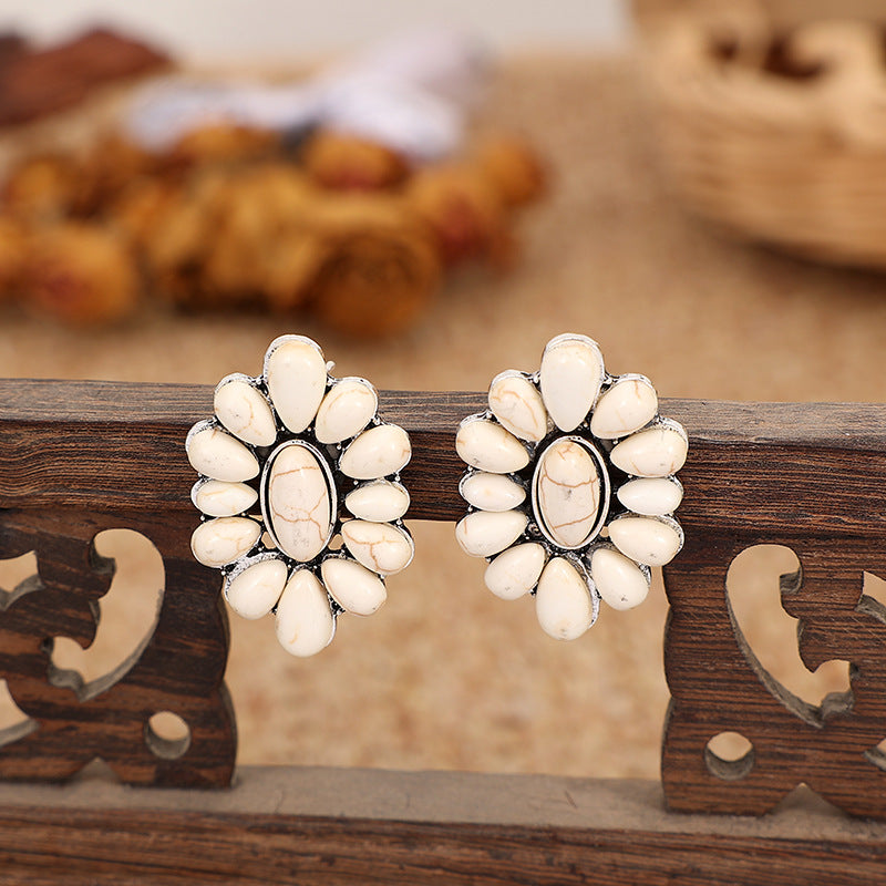 Alloy Turquoise Painting Oil Geometric Flower Earrings