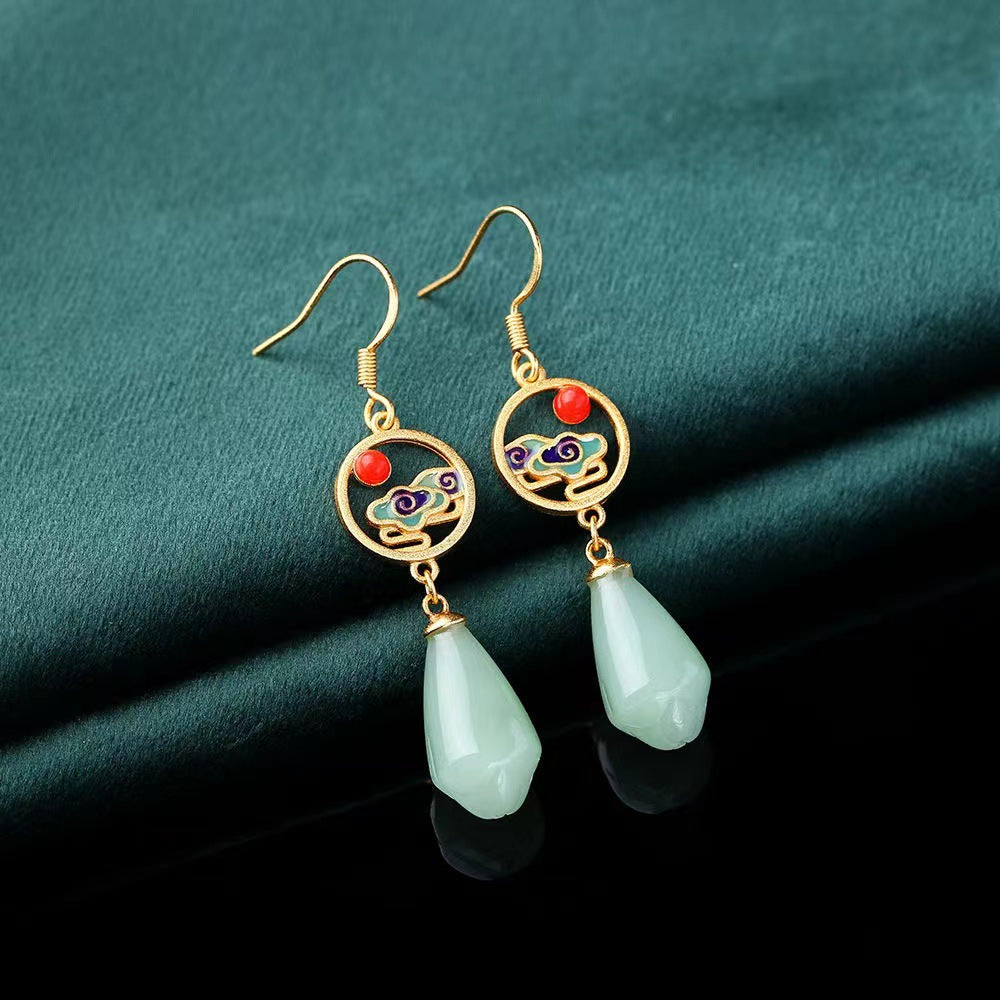 Imitation Jade Epoxy Magnolia National Style Earrings