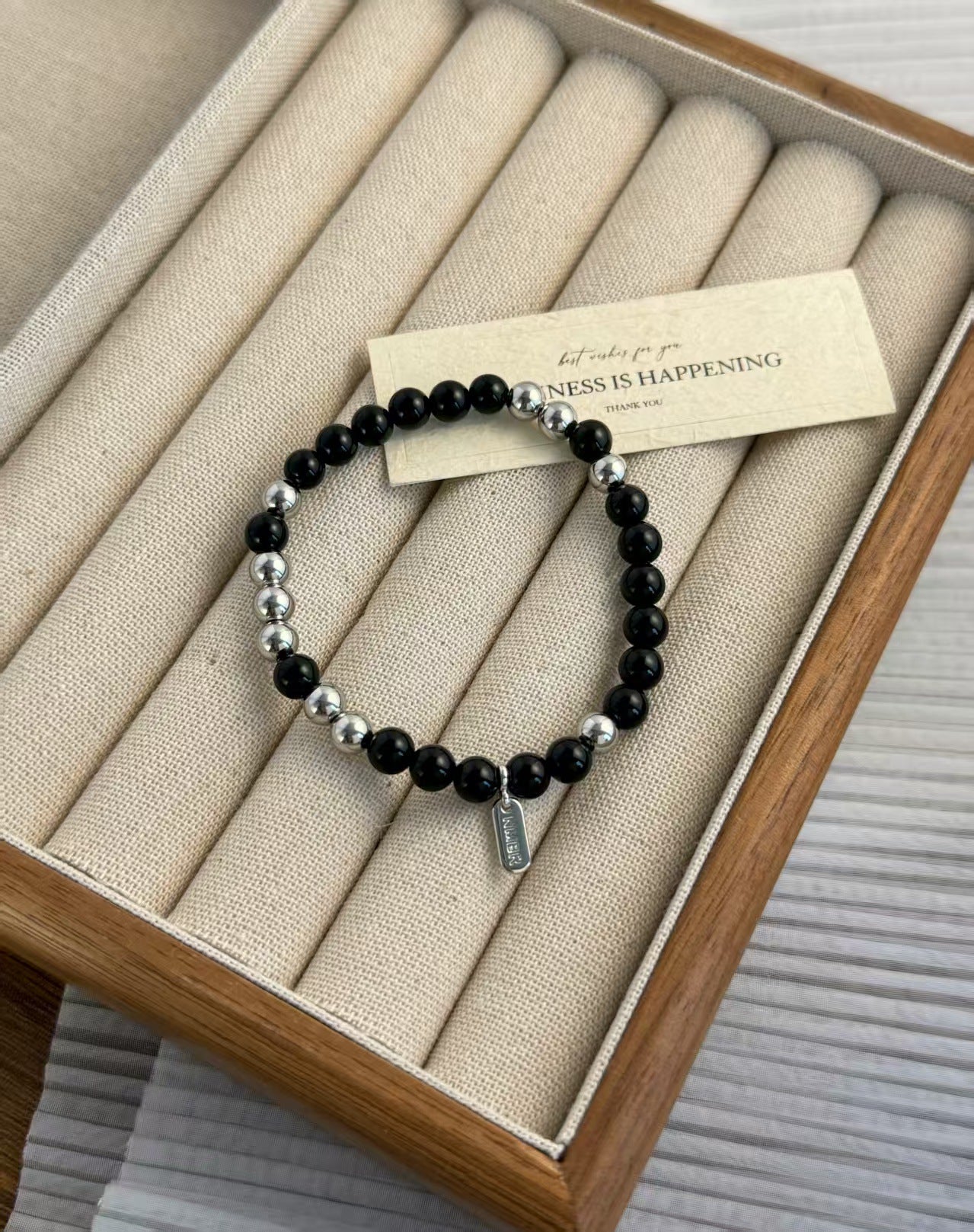 Women's & Men's Korean Style Black Agate White Crystal Bracelet