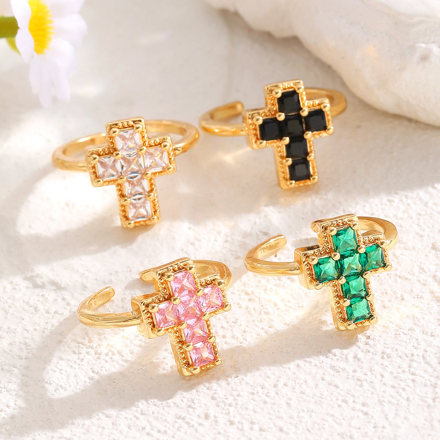 Color Zircon Cross Open Adjustable Female Affordable Ring