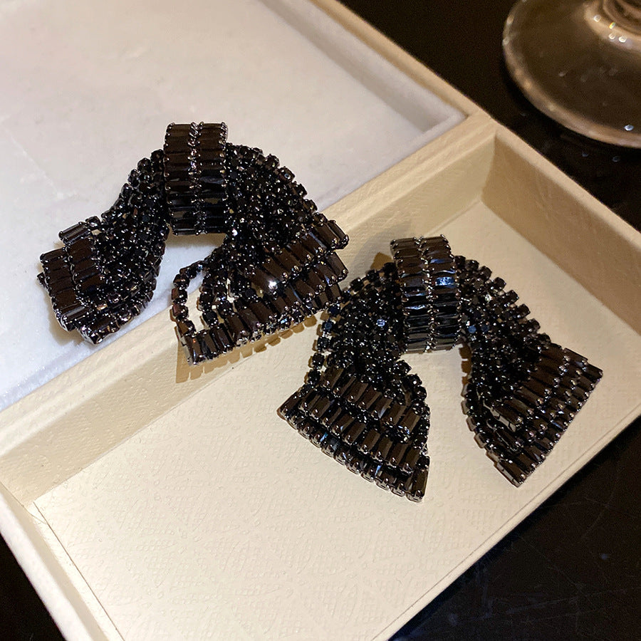 Exaggerated Sier Zircon Bow Fashion Delicate Light Luxury Earrings