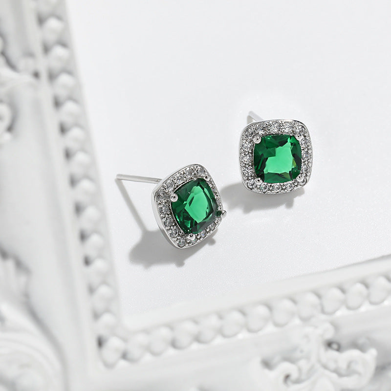 Popular Sier Needle Square Emerald Single Earrings