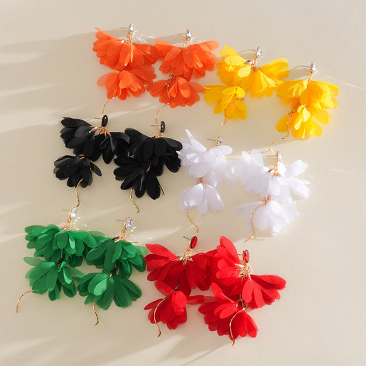 Metal Chiffon Flower Tassel Sier Pin Beach Earrings