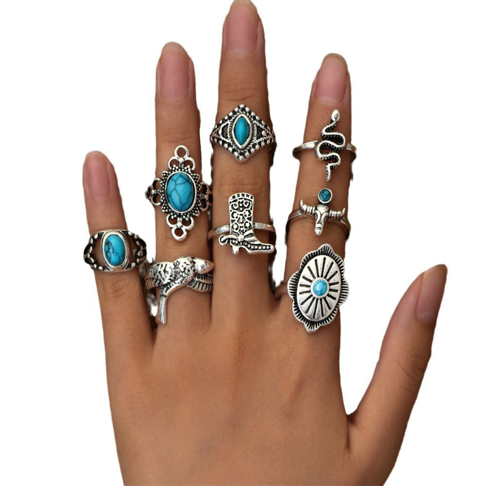 Vintage Boho Turquoise Cactus Carved Multiple Rings