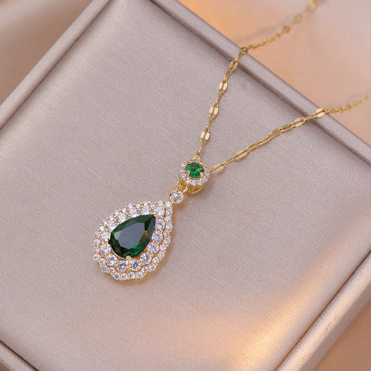 Women's Fashionable Simple Emerald Drop-shaped Zircon Live Necklaces