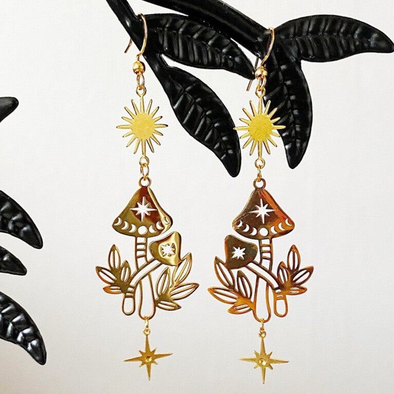 Handmade Mushroom Magic Gold Bohemian Sun Earrings