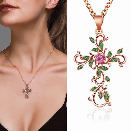 Women's Carlyle Creative Leaf Winding Cross Diamond Necklaces