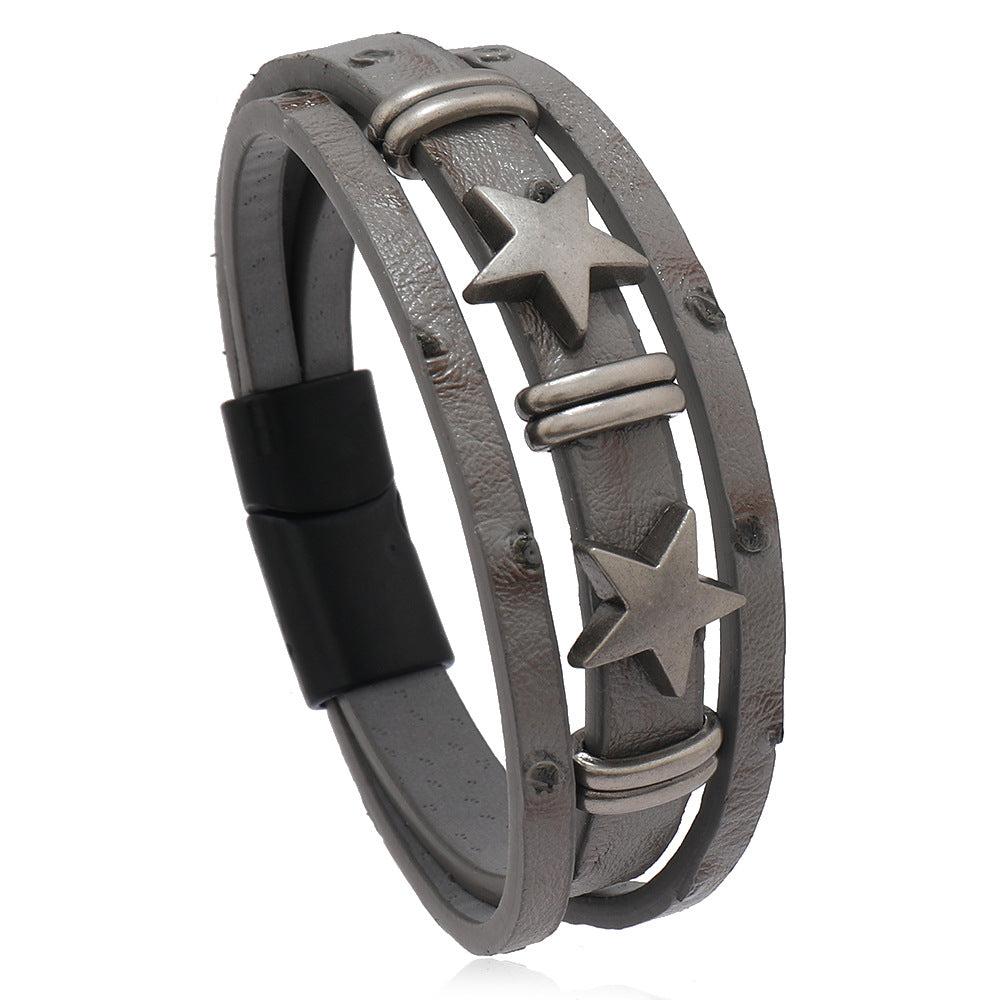 Retro Alloy Geometric Magnetic Buckle Leather Bracelets