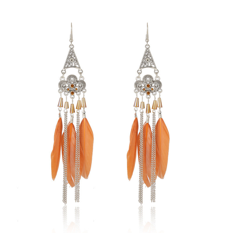 Mid-length Pagoda Crystal Feather Retro Long Upper Lower Stitching Earrings