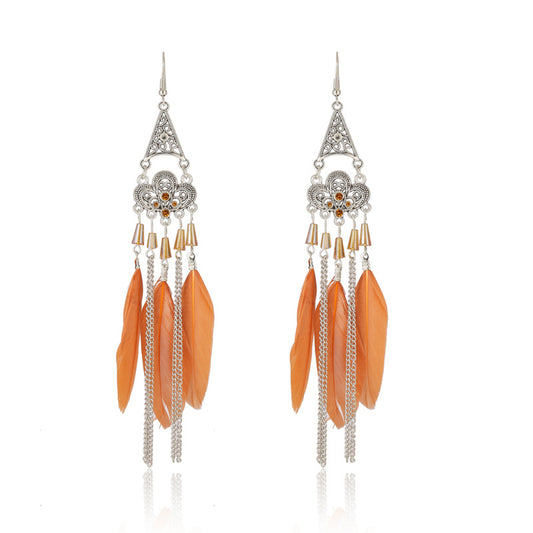 Mid-length Pagoda Crystal Feather Retro Long Upper Lower Stitching Earrings