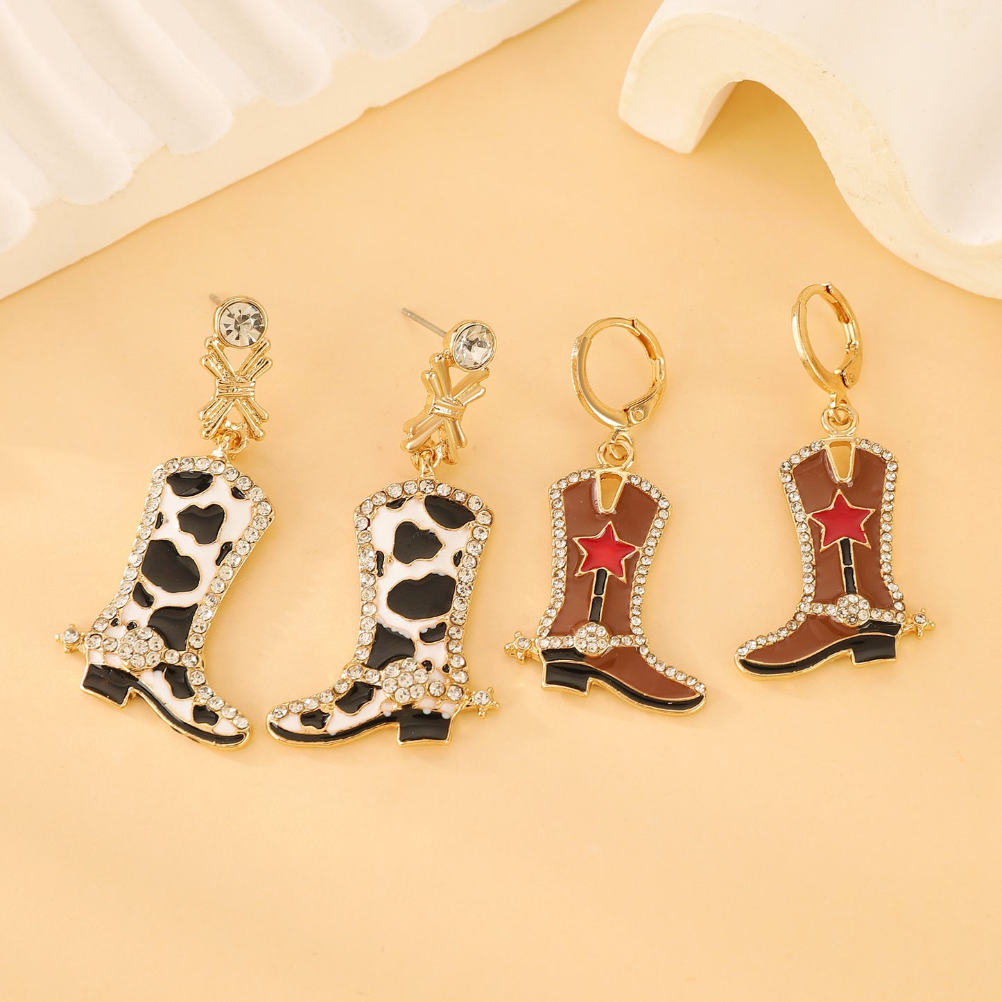 Women's Oil Personalized Eardrops Western Denim Red Star Cow Rings