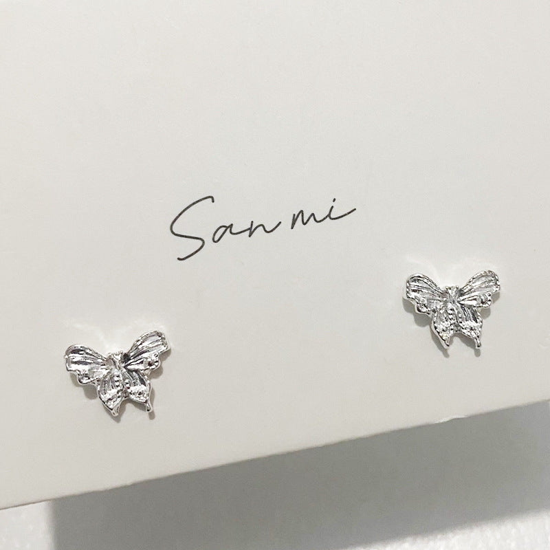 Fresh Plain Sier Plated Bow Female Small Simple Stud Earrings