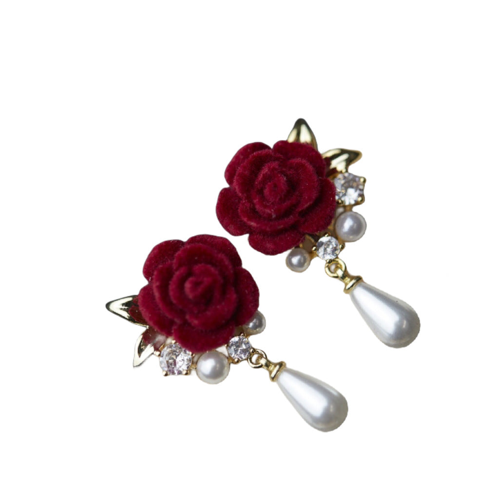 Retro Style Wine Red Veet Rose Pearl Earrings