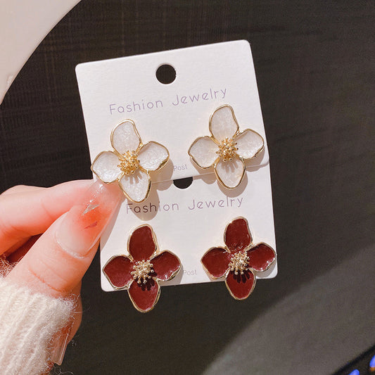 Roselle French Style Retro Drip Glazed Red Flower Three-dimensional Small Rings