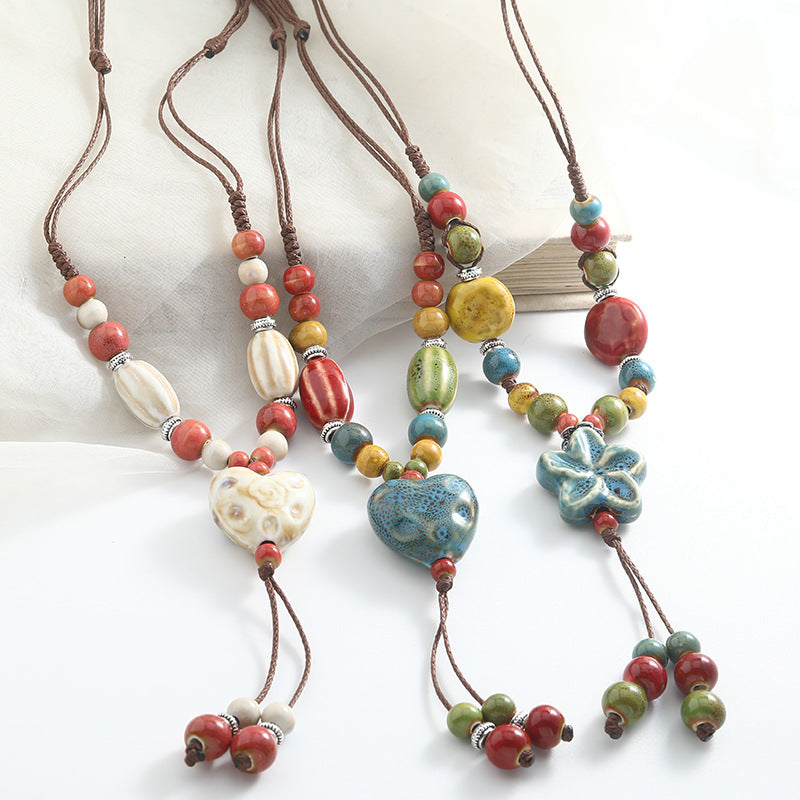 Long Ceramic Woven Love Star Sweater Necklaces