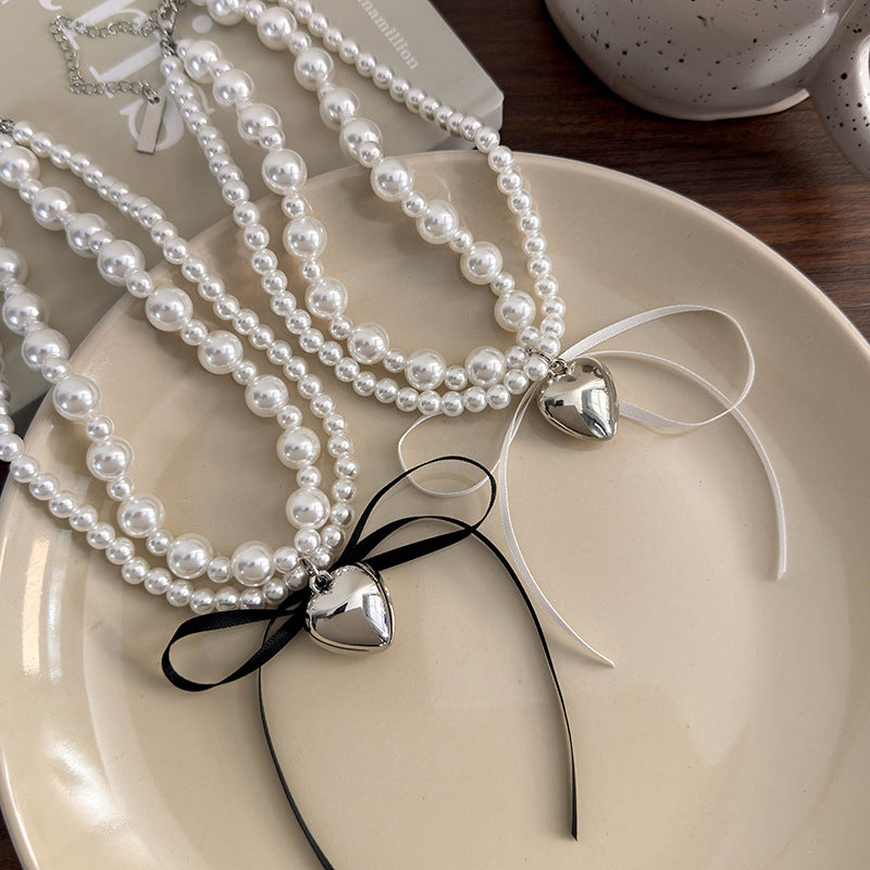 Luxury Minority Pearl Metal Heart Bowknot Ribbon Necklaces