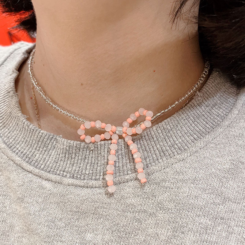 Women's Chain Bow Crystal String Beads Niche Necklaces