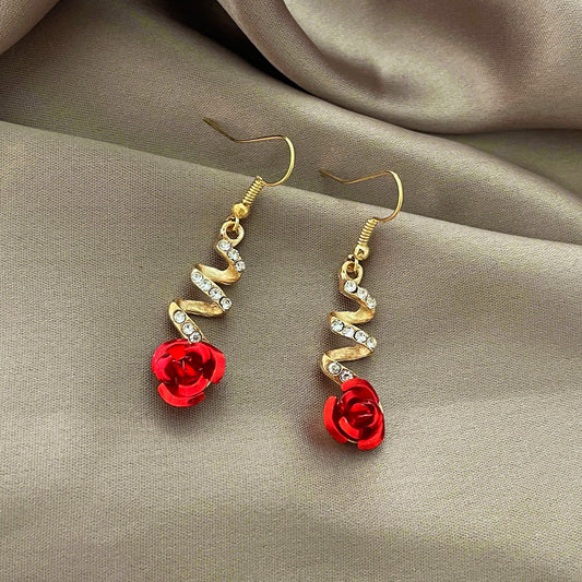 Women's Flower Long Red Rose Rhinestone Tassel Earrings