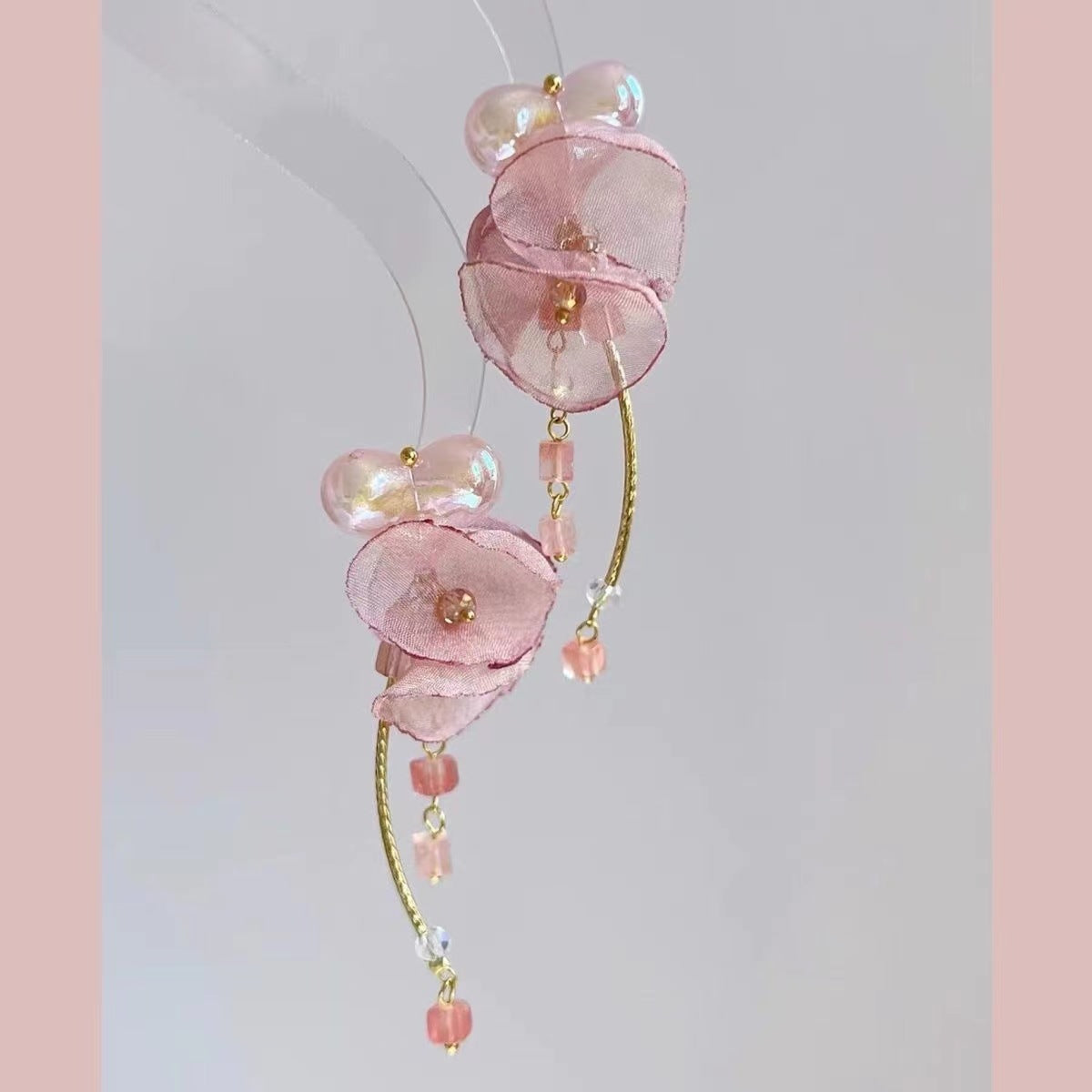 Women's Wine Sweet Gentle Pink Mesh Flower Ear Earrings