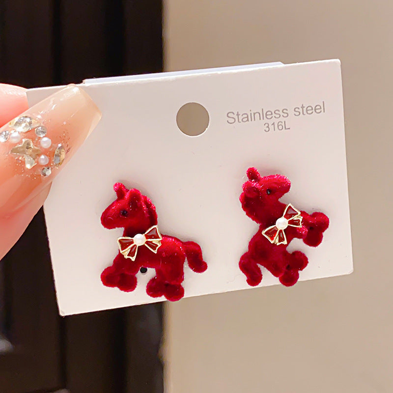 Women's Sier Needle Zircon Life Red Pony Light Luxury Earrings