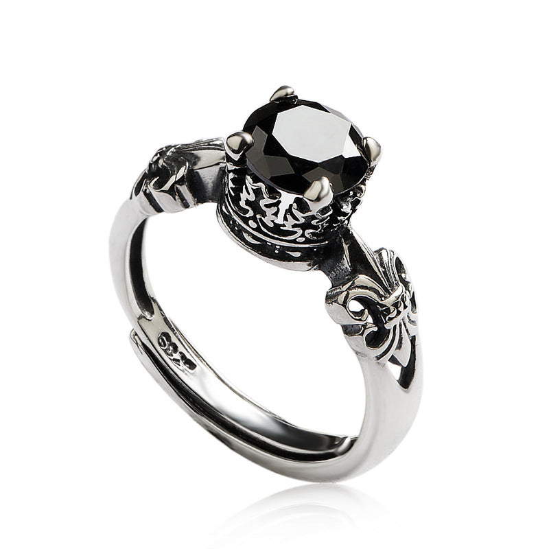 Women's & Men's Sier Natural Black Agate Open For Fashion Rings