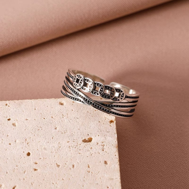 Luck Changing Coin Copper Female Retro Style Personality Chinese Winding Rings