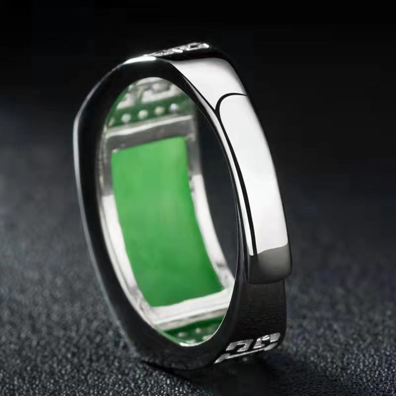 Men's Domineering Green Chalcedony Jade Inlaid Spinach Rings