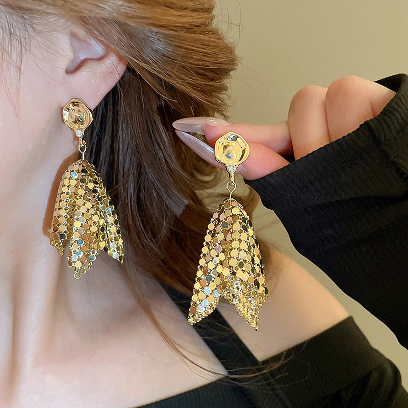 Needle Artificial Pearl Full Diamond Triangle Earrings