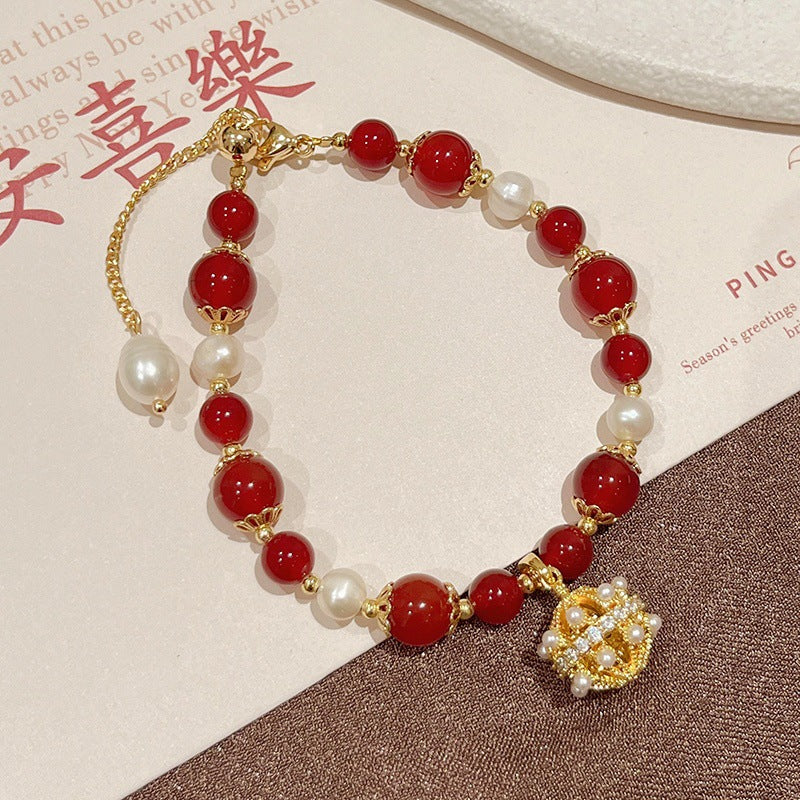 Women's Natural Freshwater Pearl Red Agate Square Bracelets