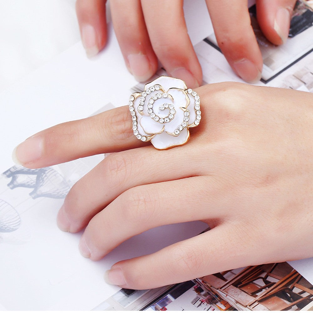 Women's Creative Adjustable Alloy Flower Drop Oil Diamond Rose Ring