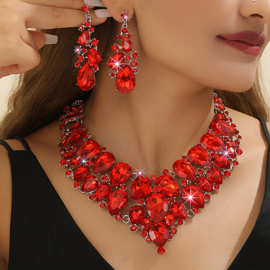 Women's High Profile Generous Red Crystal Suite Bridal Wedding Necklaces