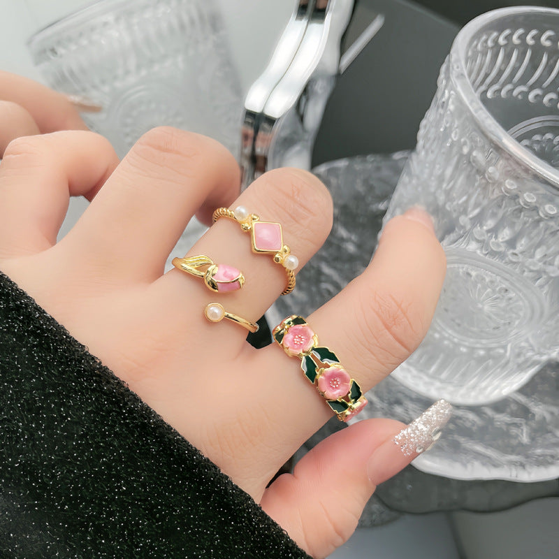 Enamel Rose Flower Drip Glazed Open Rings