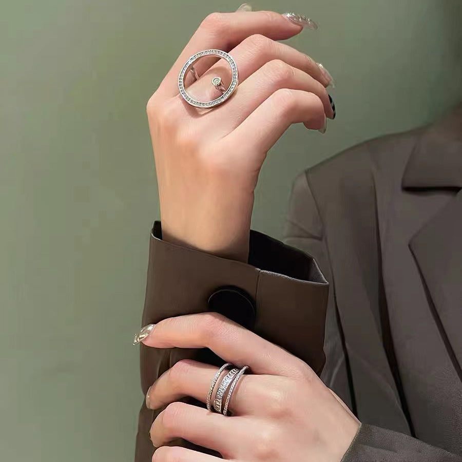 Three-dimensional Shiny Circle Female Trendy Graceful Personality Zircon Rings