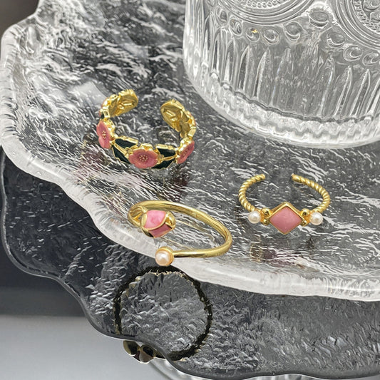 Enamel Rose Flower Drip Glazed Open Rings