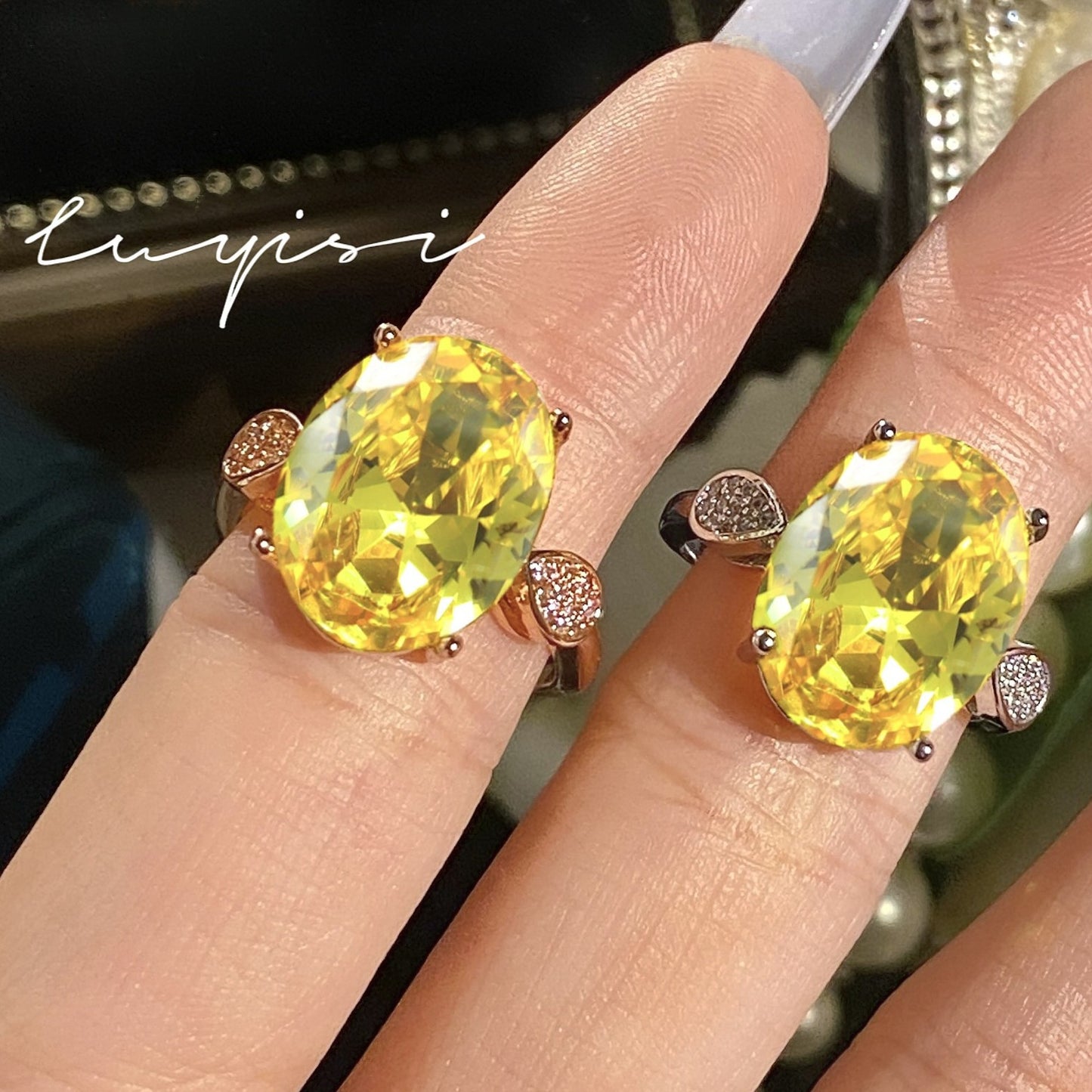 Women's Bright Yellow Diamond Imitation Natural Citrine Rings