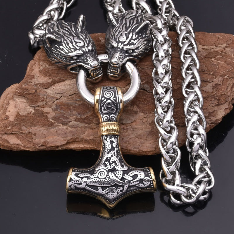 Men's Rune Hammer Wolf Head Punk Nordic Necklaces