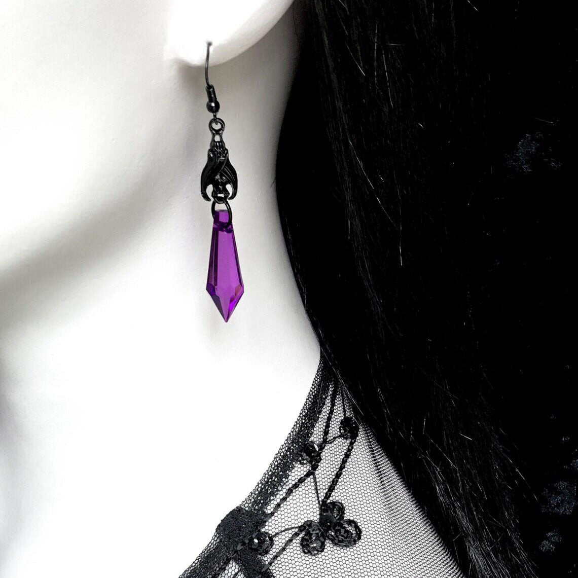 Black Artificial Crystal Dark Bat Amethyst Earrings