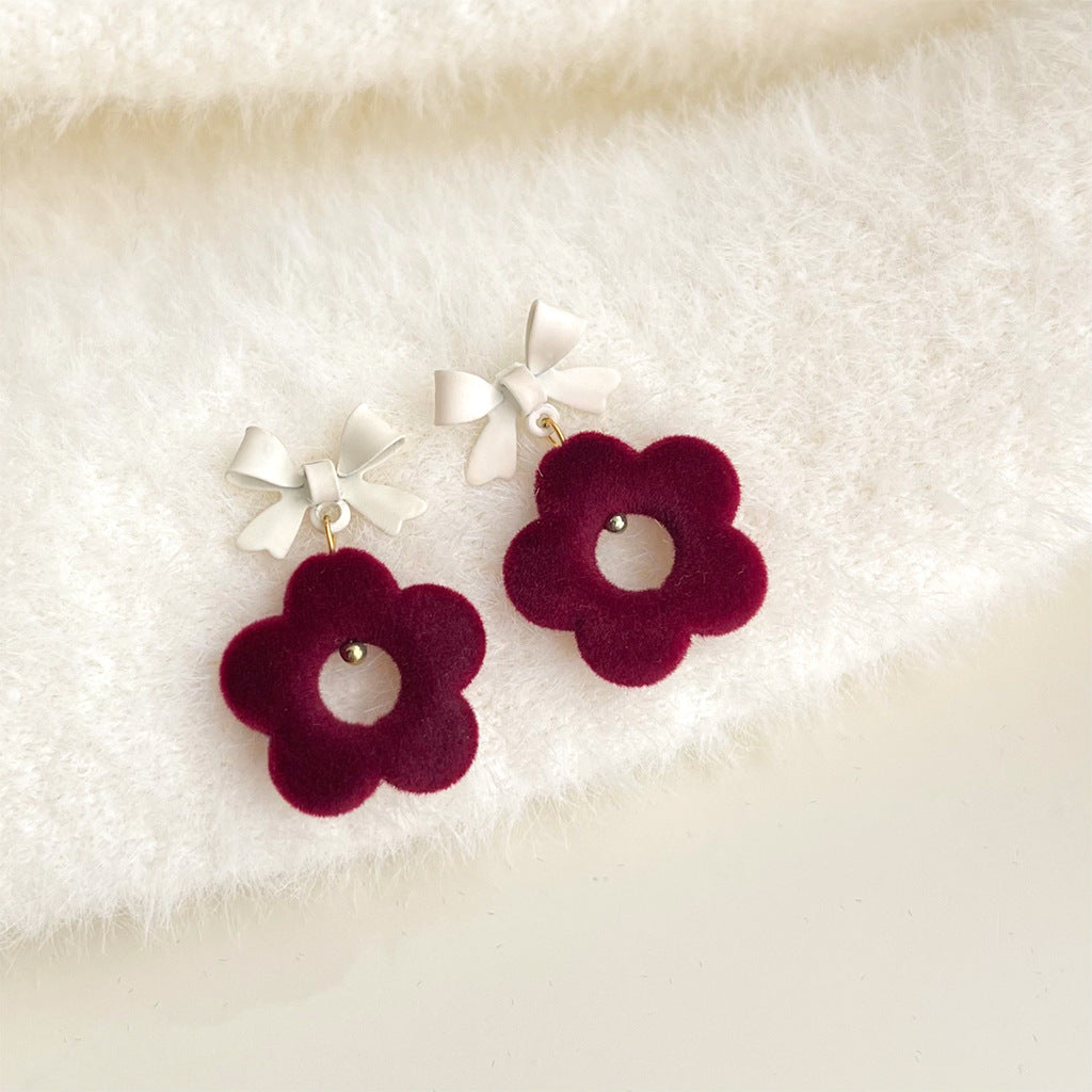 Flocking Flower Cute Love Heart Bow Earrings