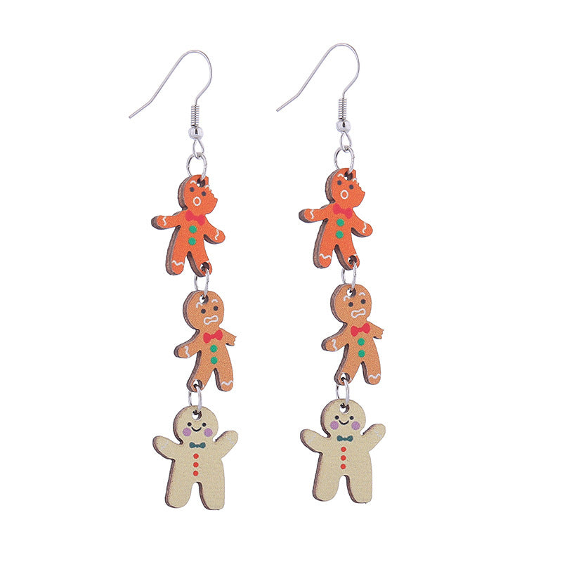 Christmas Tree Hat Bell Snowman Wooden Earrings