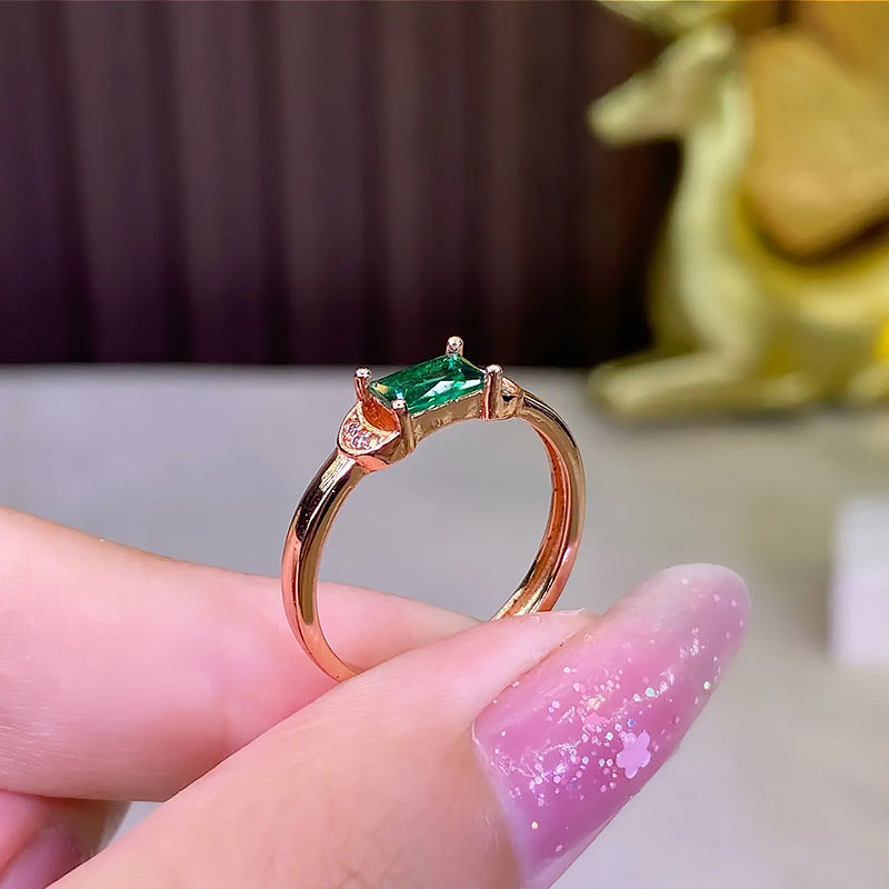 Women's Rectangular Chamfering Imitation Emerald Pigeon Blood Red Treasure Small Rings