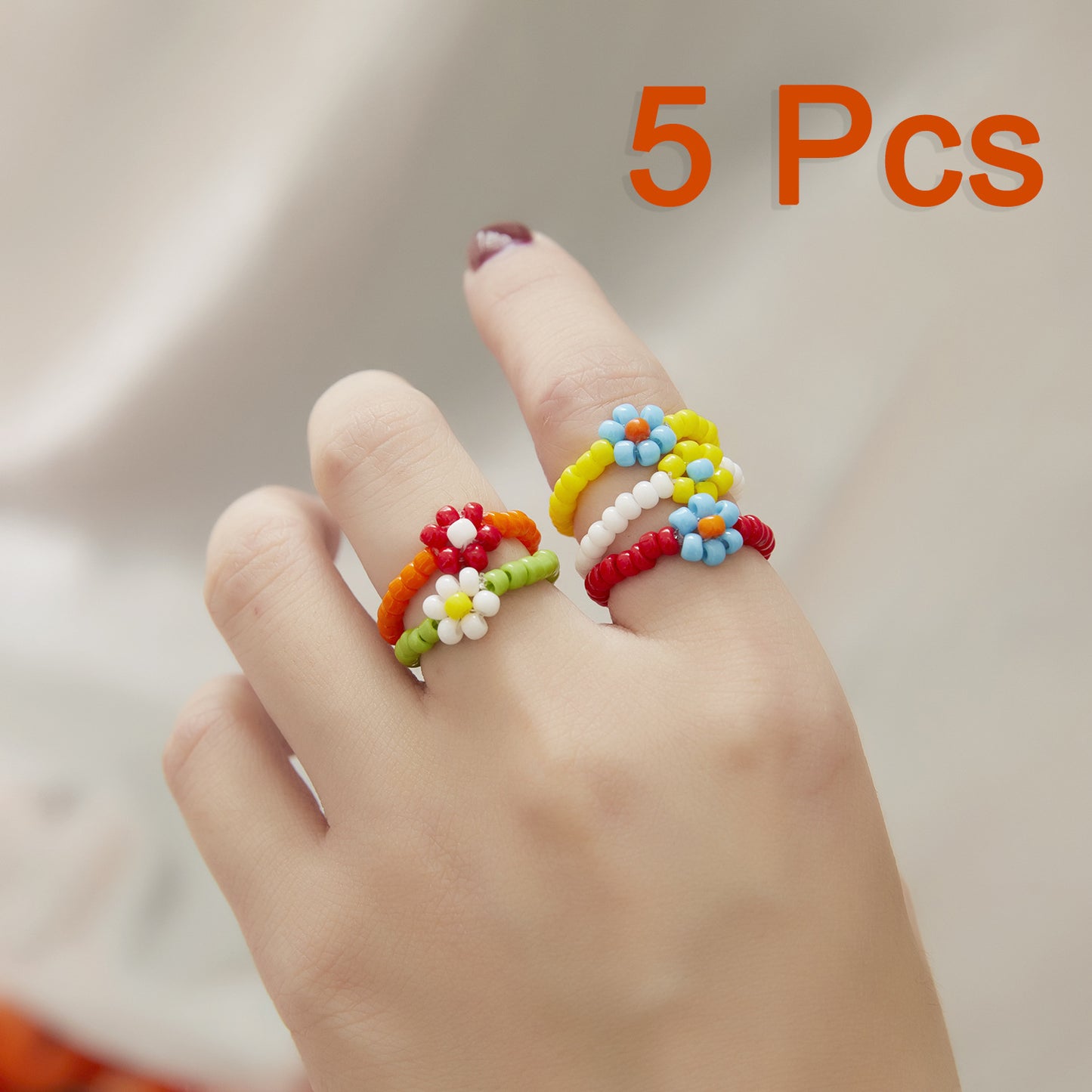 Women's Handmade Bead Flower Colored Woven Small Rings